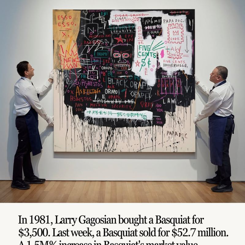 In 1981, Larry Gagosian reportedly bought a Basquiat for just $3,500. At the time, Gagosian was an emerging Los Angeles dealer. Today, he is widely regarded as one of the most influential gallerists in the world.

Last week, Jean-Michel Basquiat’s Museum Security (Broadway Meltdown) sold for $52.7 million at Sotheby’s New York.

While these were not the same paintings, the comparison offers a striking illustration of how dramatically Basquiat’s market has evolved over the past four decades.

The work also has a remarkable auction history of its own. In February 2013, Museum Security (Broadway Meltdown) sold at Christie’s London for £9.34 million. Thirteen years later, it returned to the auction block at Sotheby’s New York (14 May), where it achieved $52.7 million.

That represents an increase of more than $38 million between the two public sales.

Today, Basquiat’s auction record remains $110.5 million, set by Untitled (1982) in 2017.

From downtown New York artist to one of the most valuable names in art history, Basquiat’s rise remains one of the most extraordinary stories the art market has ever seen.

#Basquiat #JeanMichelBasquiat #ArtMarket #ContemporaryArt #ArtHistory