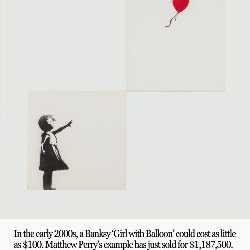 In the early 2000s, £75 could buy you an unsigned Girl with Balloon. For around £150, you could own a signed example.

Two decades later, Matthew Perry’s Girl with Balloon diptych achieved $1.19 million at Heritage Auctions when it was offered from the actor’s estate, with proceeds benefiting the Matthew Perry Foundation.

While not the same work, comparable Girl with Balloon canvases and diptychs were originally released at a fraction of today’s values, illustrating the extraordinary rise of Banksy’s market over the past two decades.

Now recognised as one of the most iconic images in contemporary art, Girl with Balloon was voted the UK’s favourite artwork in 2017. Two decades later, it remains one of the defining symbols of the contemporary art market.

#Banksy #GirlWithBalloon #ContemporaryArt #ArtMarket #ArtCollector